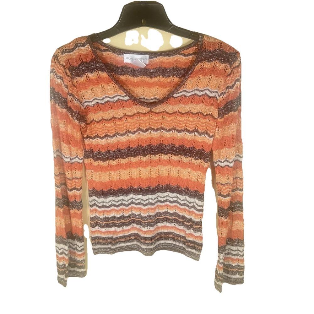 Worthington Womens Small Orange Brown Striped Knit Sweater Top 3/4 Sleeve